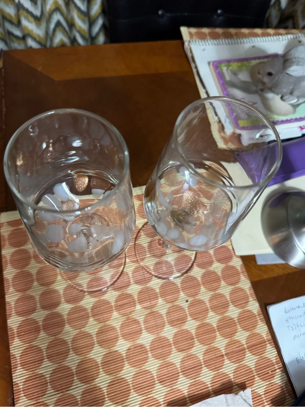Hand-Blown Clear Wine Glasses with White and Gold Detail - Set of 2
